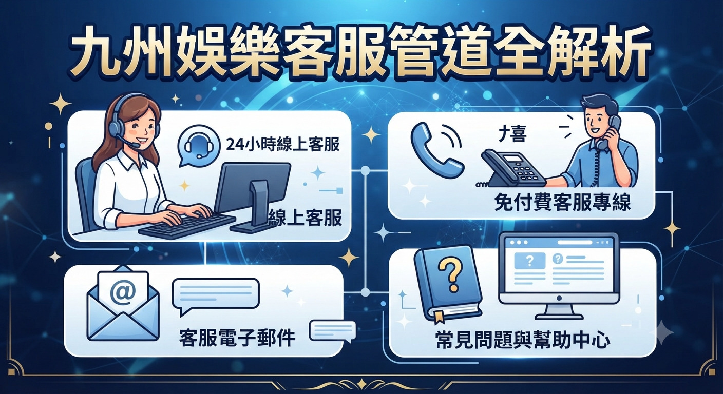 這是一張以「九州娛樂客服管道全解析」為主題的資訊圖表，上方呈現醒目的標題。 下方則透過四個圖解區塊展示了24小時線上客服、客服專線、電子郵件以及常見問題等多元聯絡管道。