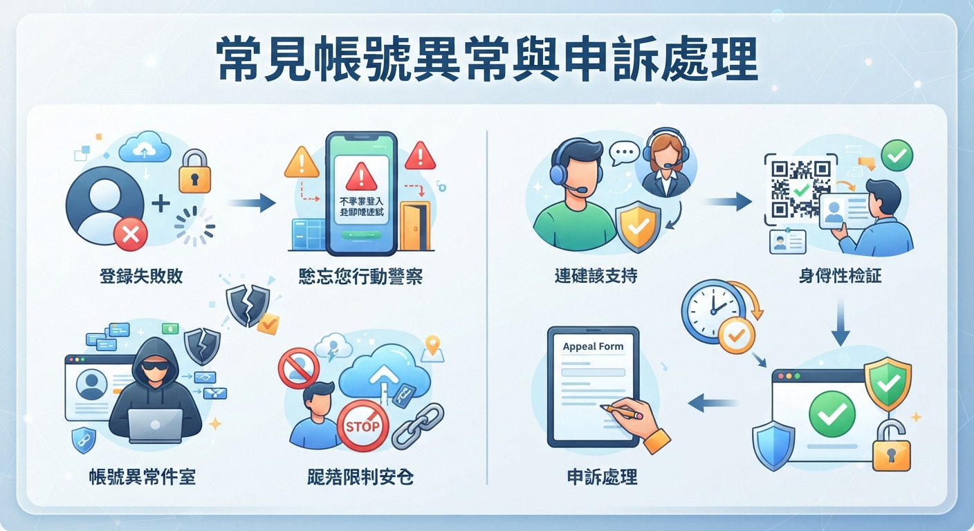 這張圖片的主題是「常見帳號異常與申訴處理」,展示了帳號安全異常的狀況以及後續的申訴與身分驗證流程。 畫面採用清晰的圖示與藍色調設計,幫助使用者理解如何應對帳號封鎖與解鎖機制。