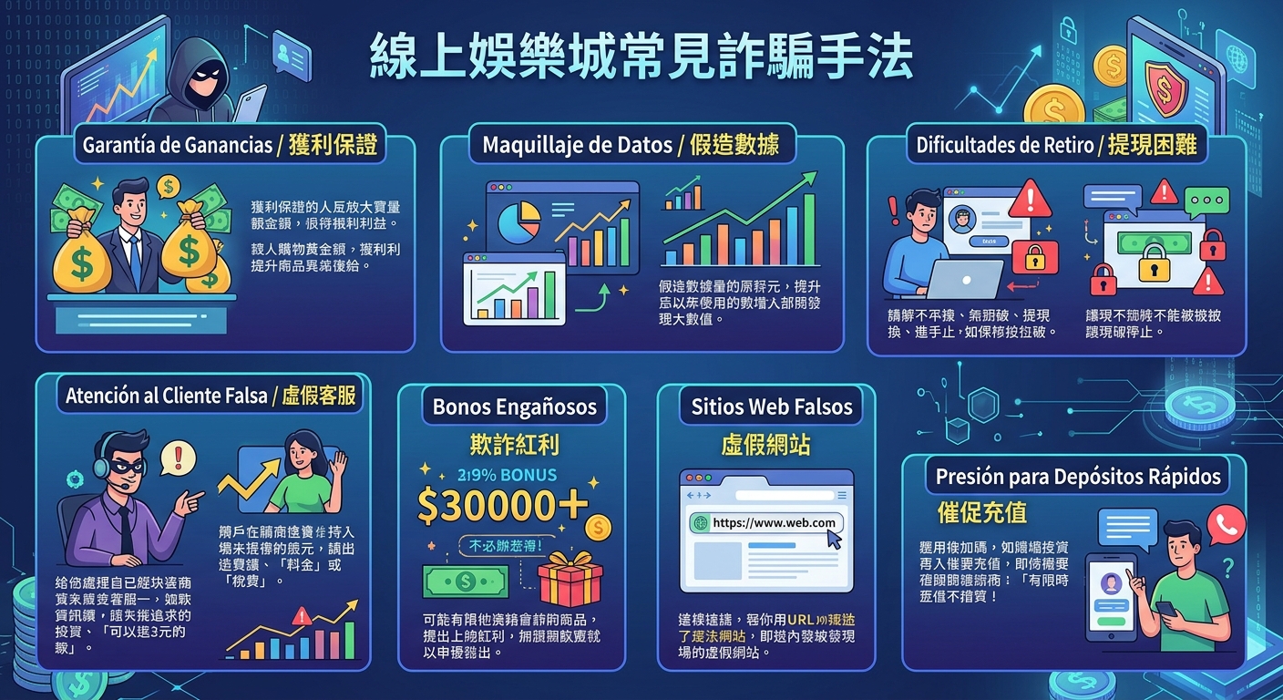 這張圖表介紹了線上娛樂城常見的詐騙手法,包括獲利保證、假造數據、提現困難及虛假客服等常見陷阱。 全圖以藍色科技感為背景,結合多個圖示與說明區塊,提醒使用者注意網路投資與娛樂的風險。